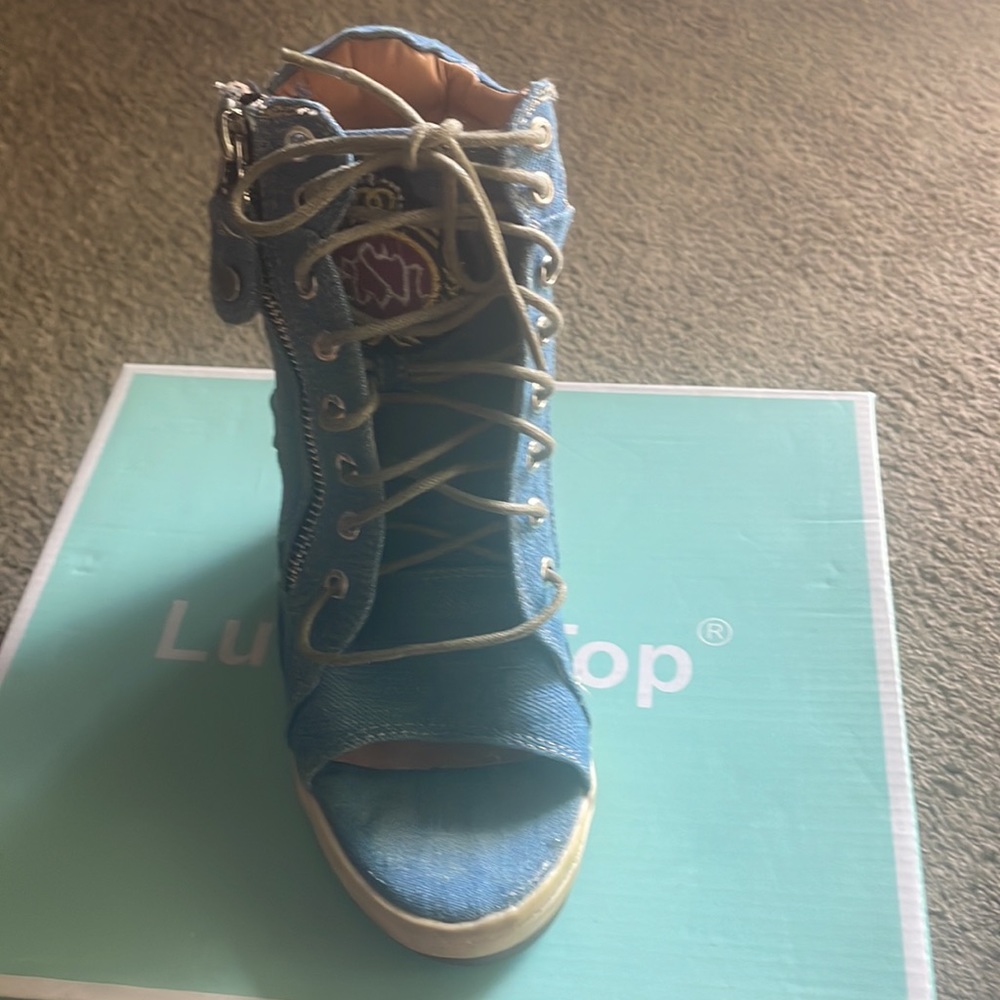 Lucky Top Denim Lace Up Wedges Size 36 - Picture 3 of 6